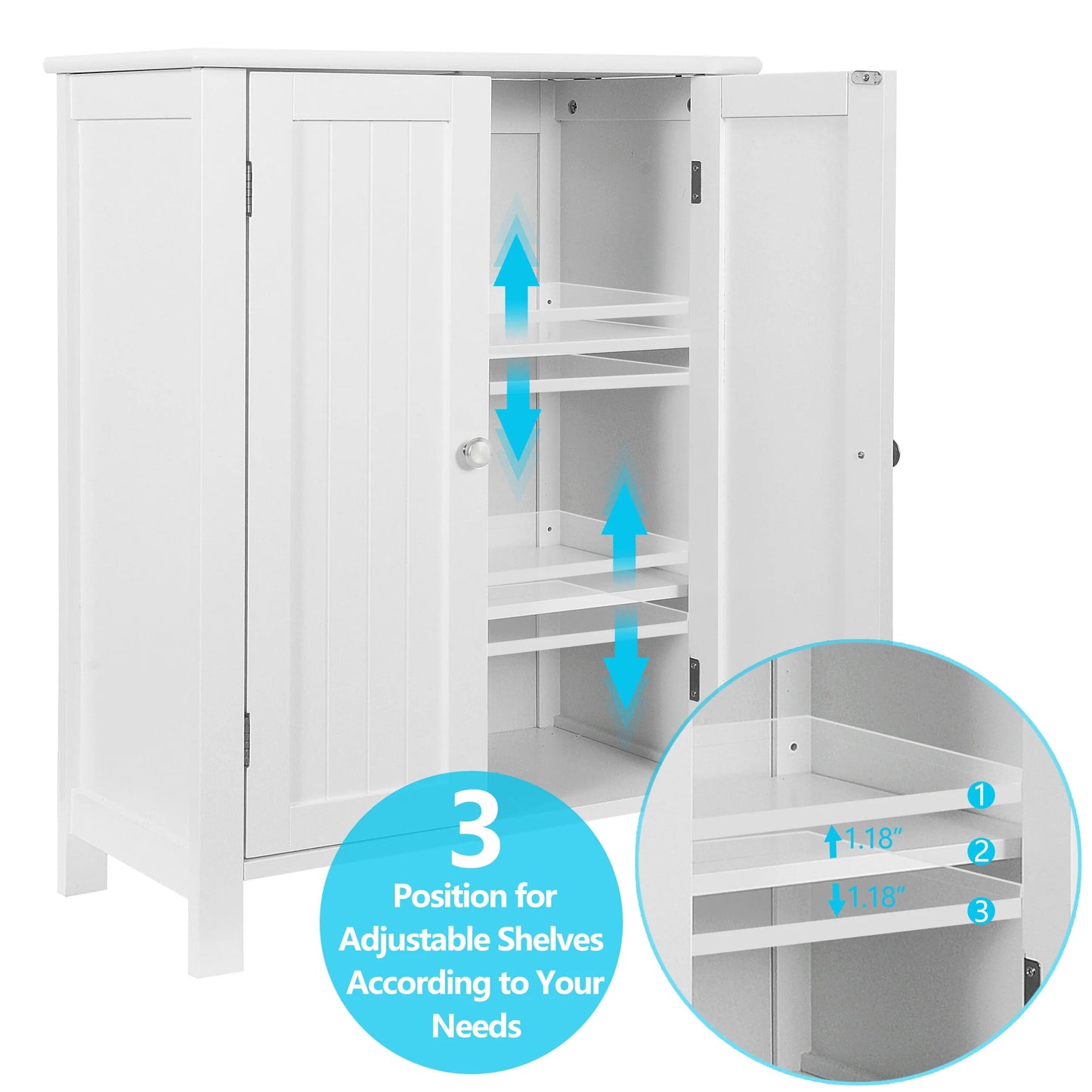 HomGarden 2-Door Bathroom Floor Storage Cabinet Side Cupboard W/Adjustable Shelves, 11.8'' W, White