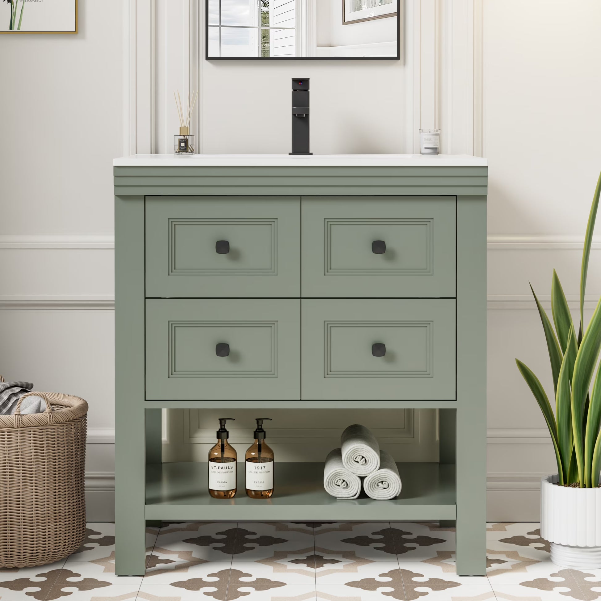 Eclife 30" Single Bathroom Vanity With Ceramic Sink Top, 2 Smooth Drawers, Faucet
