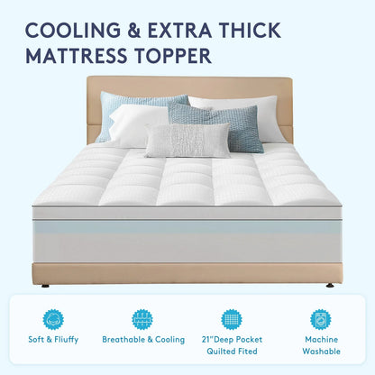 Queen Size Dual Layer 4 Inch Memory Foam Mattress Topper, 2 Inch Gel Memory Foam and 2 Inch Cooling Pillow Top Mattress Pad Cover for Back Pain, Medium Support