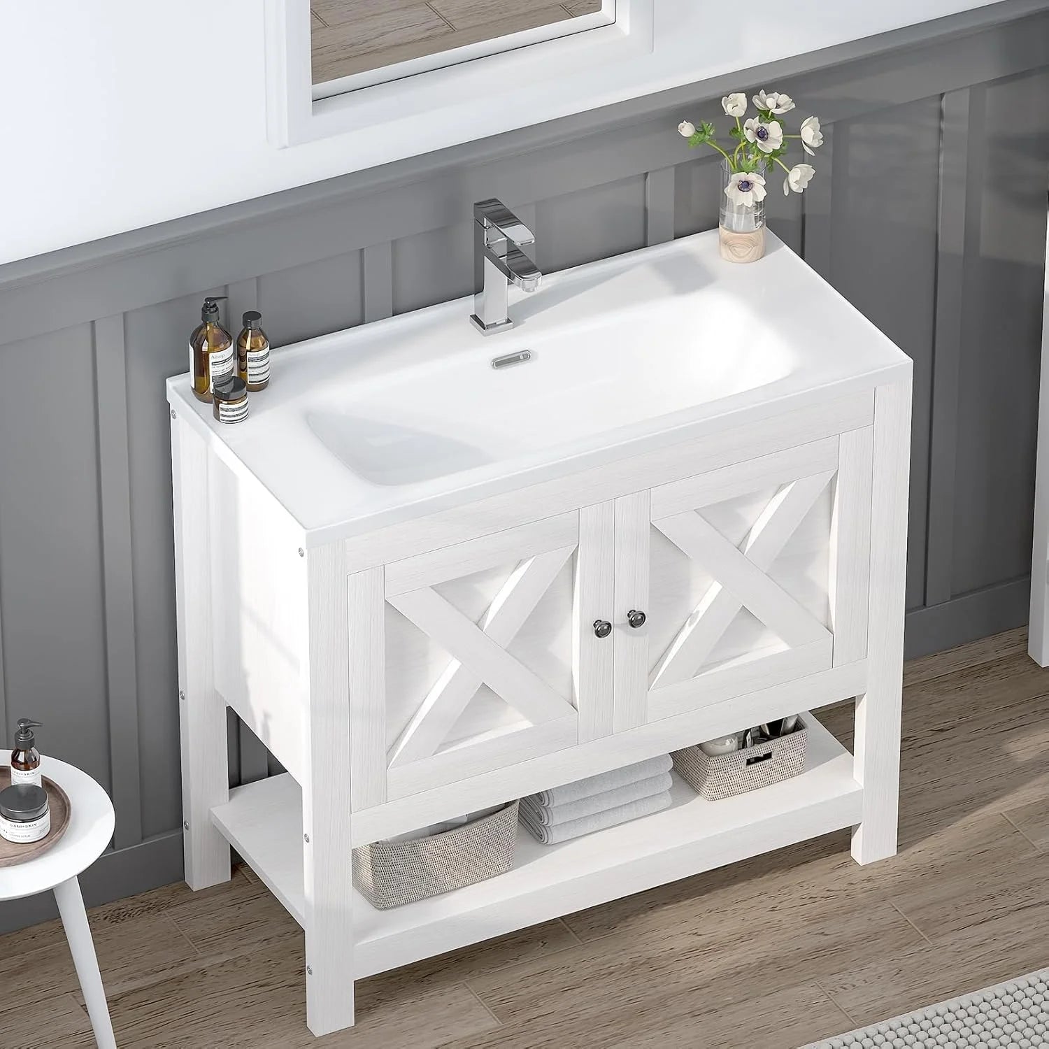 DreamCurship Bathroom Vanity with Sink Combo, 35'' Bathroom Storage Cabinet with Storage, Farmhouse Bathroom Vanity Cabinet with 2 Doors and Open Shelf, White