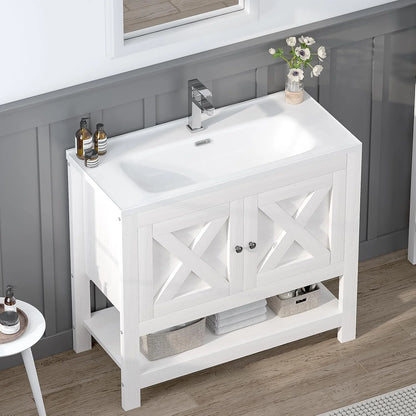DreamCurship Bathroom Vanity with Sink Combo, 35'' Bathroom Storage Cabinet with Storage, Farmhouse Bathroom Vanity Cabinet with 2 Doors and Open Shelf, White