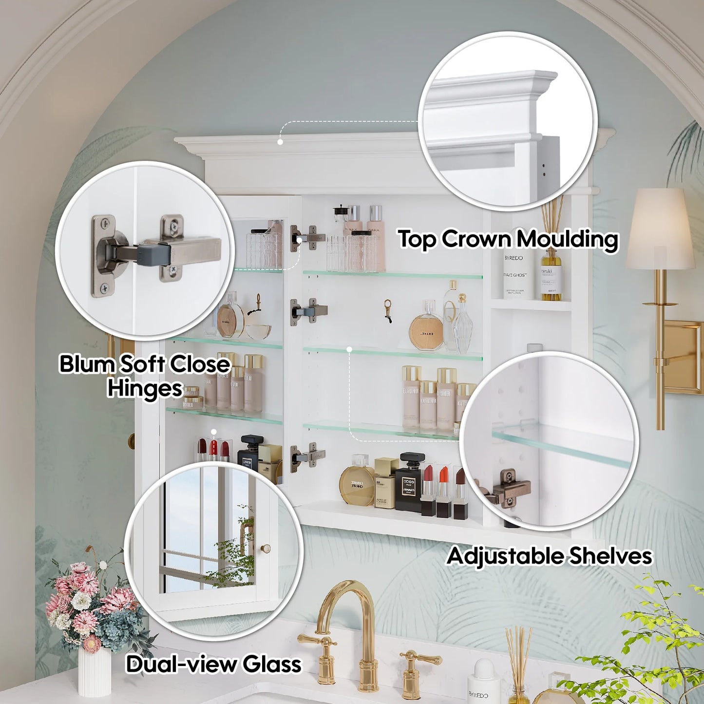 FORCLOVER 40"x 32" Bathroom Medicine Cabinet with 3 Adjustable Shelves, Recessed Mount Wooden Medicine Cabinet Storage with Mirrors and Soft-Close Door, White