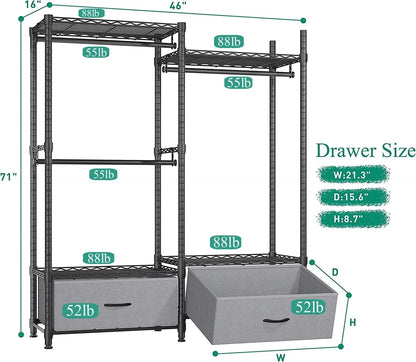 EnHomee Clothing Rack Heavy Duty Clothes Rack with 2 Drawers Adjustable Metal Wardrobe Organizer,620lbs Load Capacity