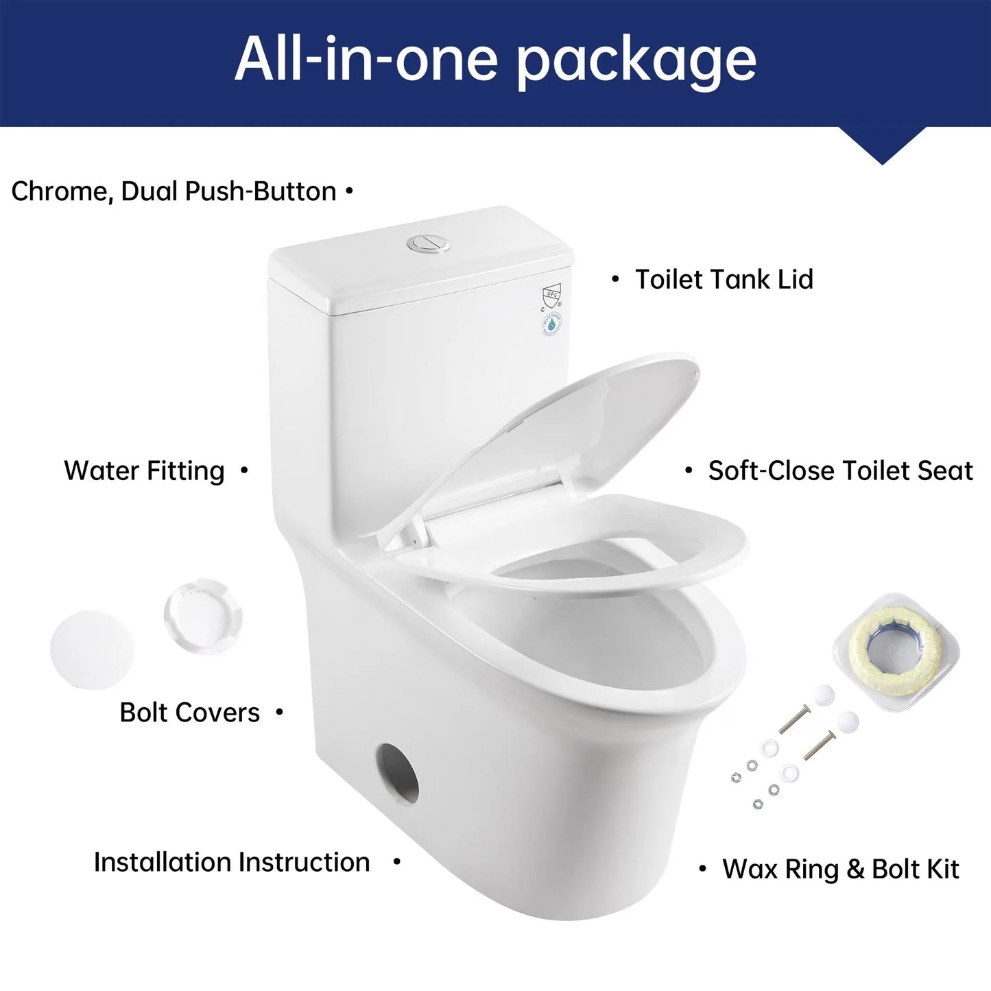 Aukfa T029-WT Elongated One Piece Toilet, Dual Flush 1.1/1.6 GPF Toilet for Bathroom, 12" Rough-In