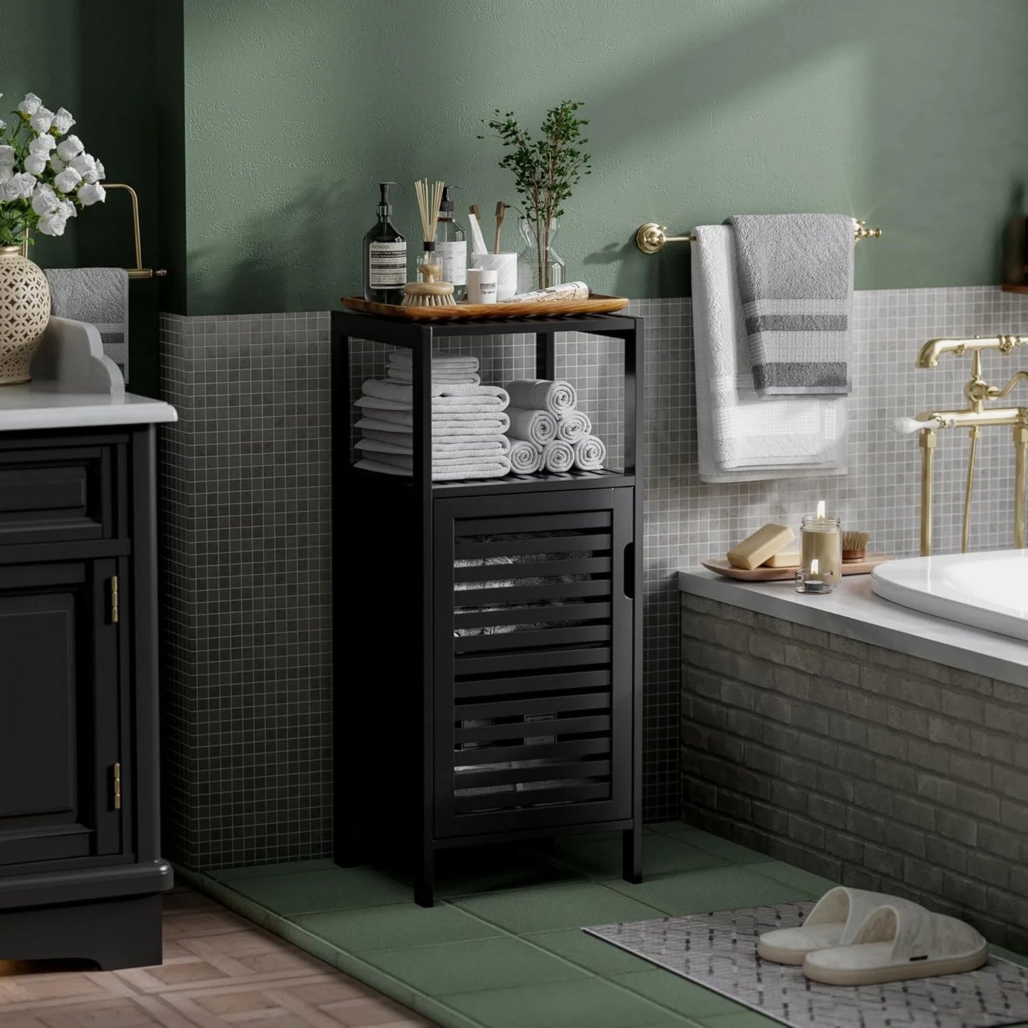 Bathroom Cabinet, Bamboo Floor Cabinet Free Standing, 4 Tier Sofa Side Storage Cupboard for Living Room Kitchen Bedroom