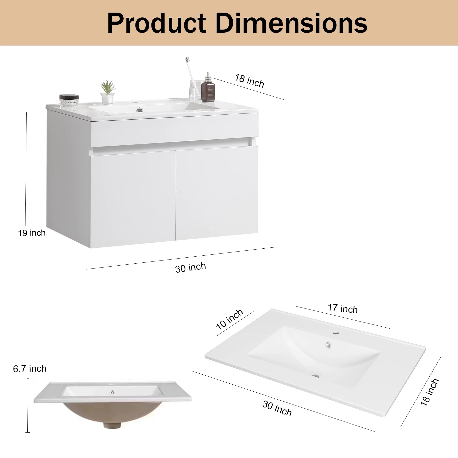 30 Inch Modern Wall-Mounted Bathroom Sink Cabinet, Floating Bathroom Vanity with Storage and Two Soft Close Doors, Bathroom Vanity with Sink, Faucet Not Included,Solid Wood, Black.