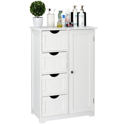 Ktaxon Wooden Bathroom Floor Cabinet,Side Storage Organizer Cabinet with 4 Drawers,1 Cupboard & 2-Shelves,MDF,White