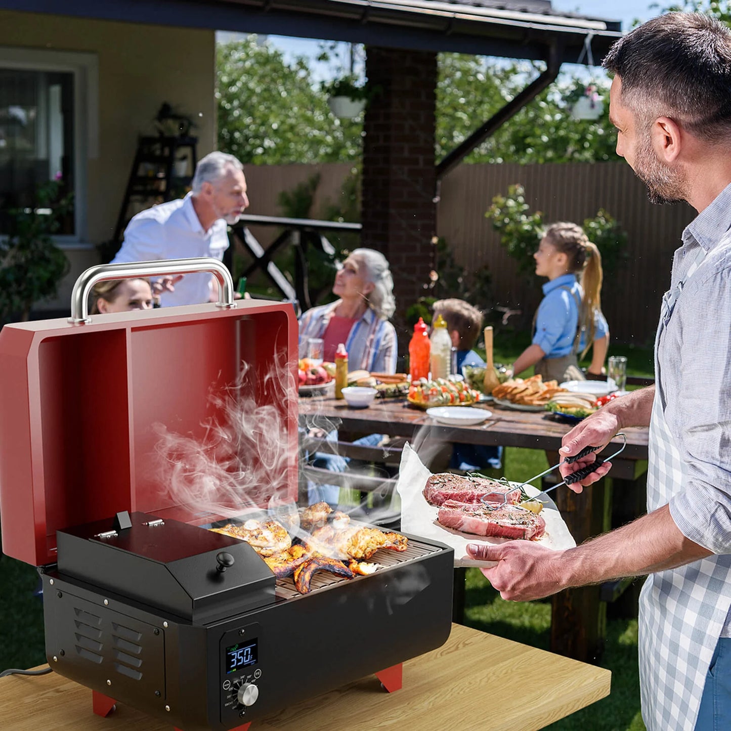 Costway 8-in-1 Portable Pellet Grill with Digital Control Meat Probe Detachable Ash Pan Red