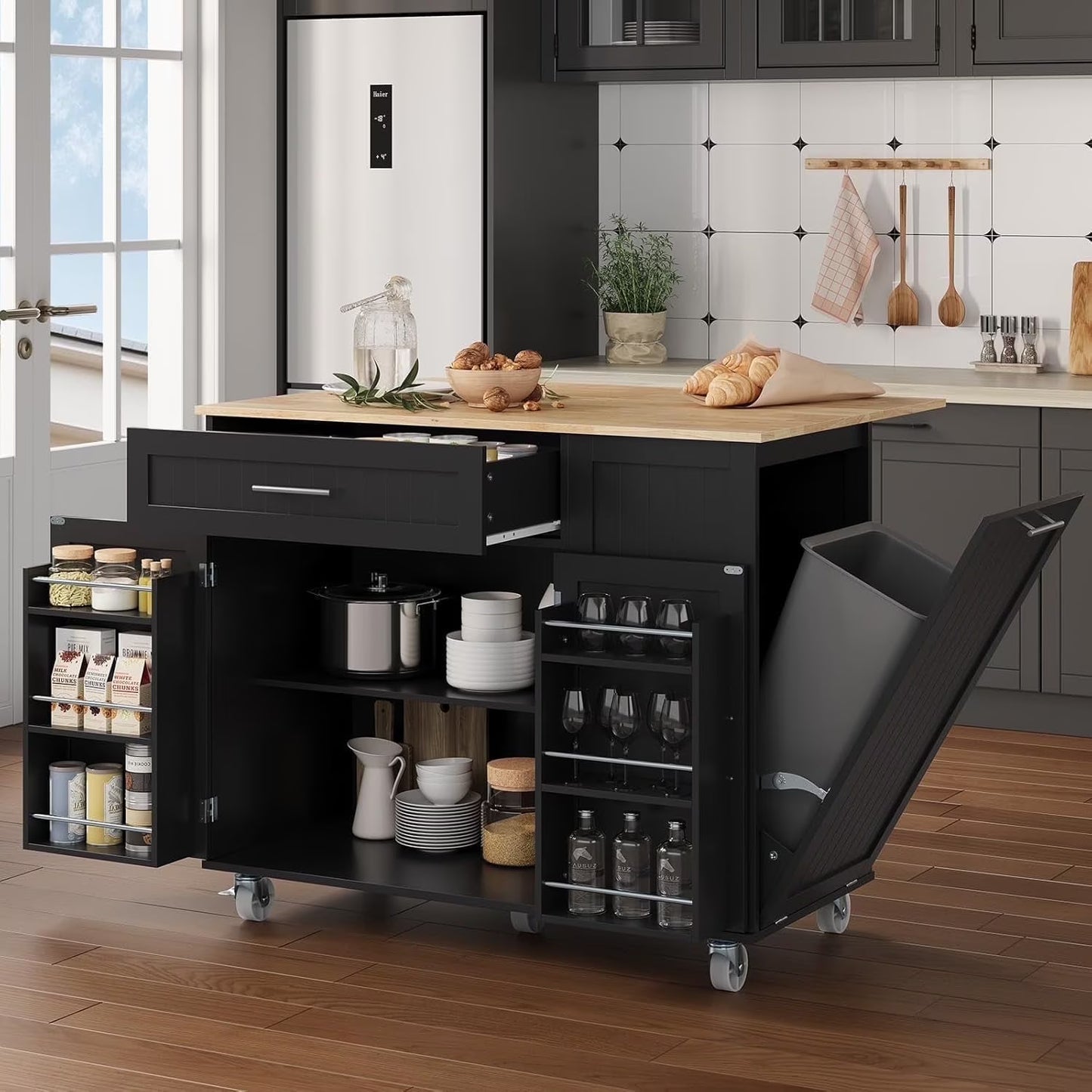 SELOOYE Kitchen Island Cart with Storage, Rolling Side Table, Large Worktop, Cabinet, Towel Rack, Drawers