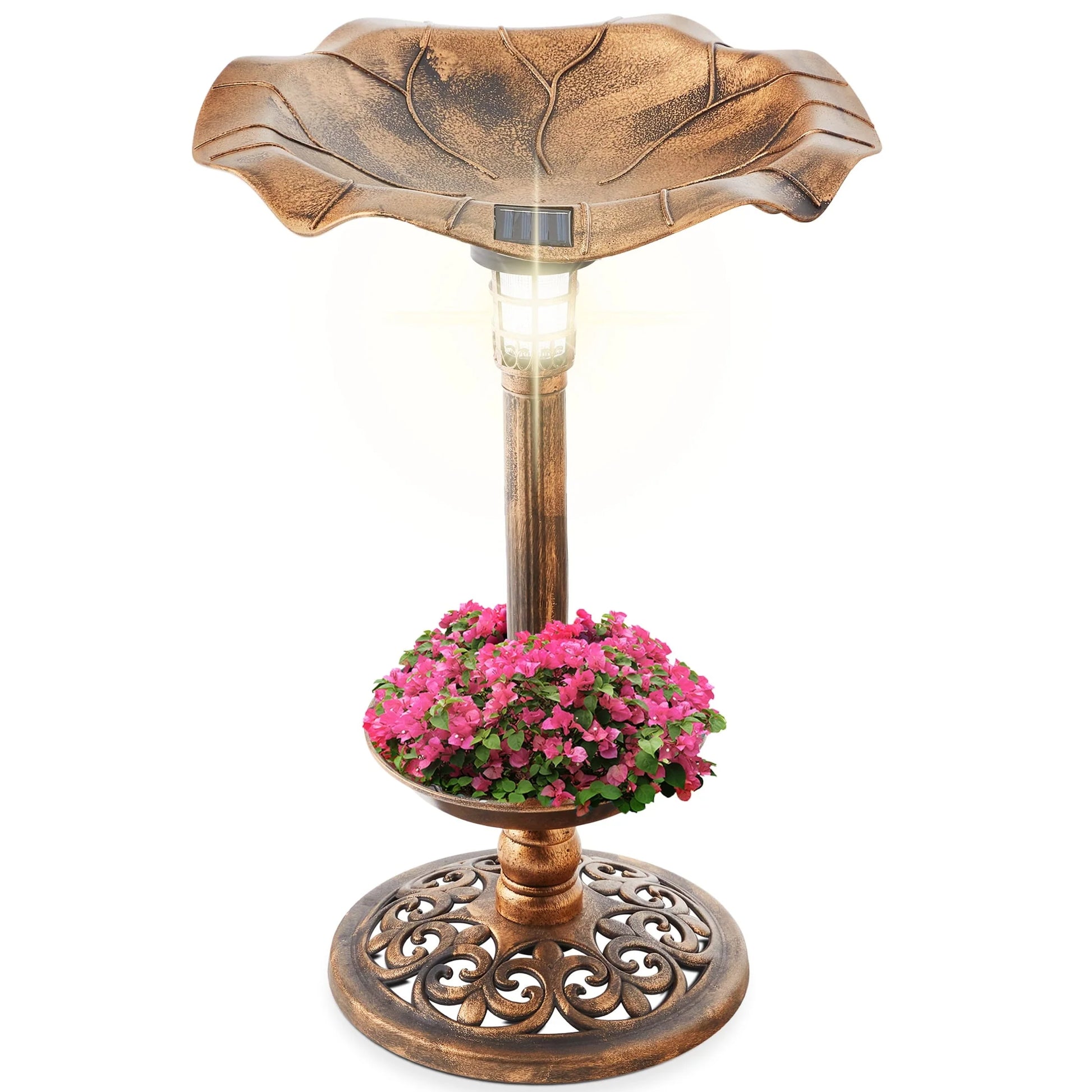 Best Choice Products Solar Lighted Pedestal Bird Bath w/Planter, Integrated Panel - Bronze