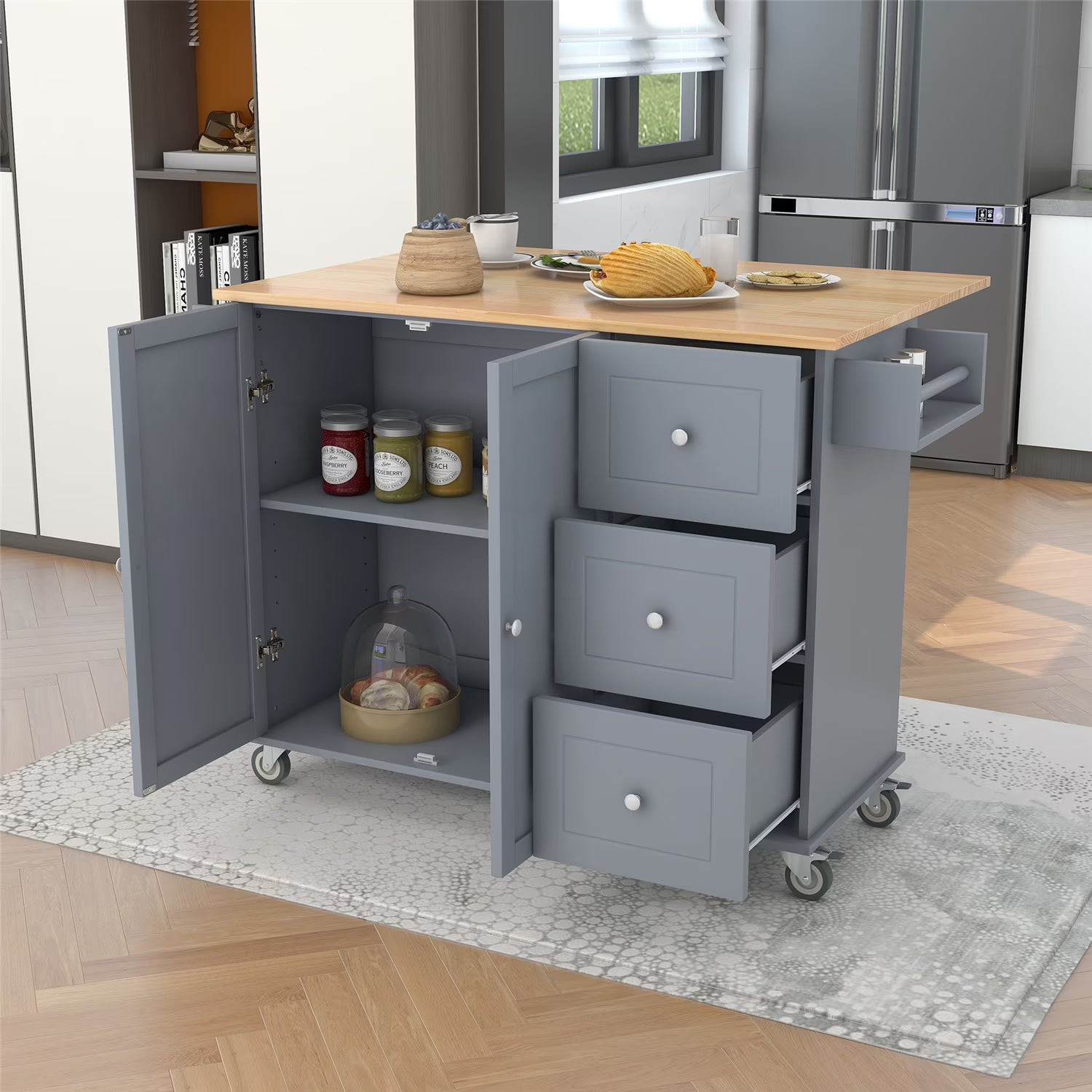 Kitchen Island Cart with Foldable Drop-Leaf Tabletop and Locking Wheels, 52.7" Rolling Kitchen Island Cart with 2 Door Cabinet and 3 Storage Drawers, Spice Rack and Towel Rack, Grey Blue
