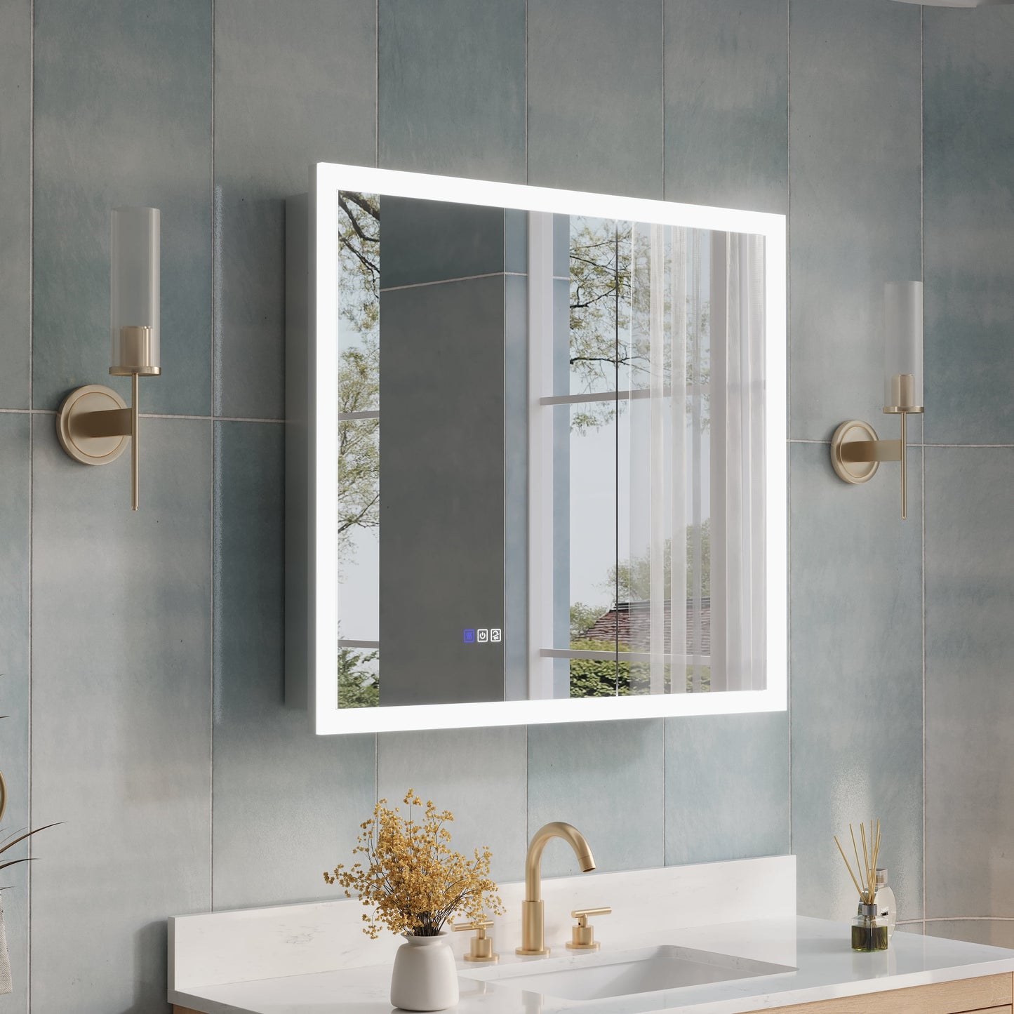 ANGELES HOME 36" x 32" LED Lighted Bathroom Medicine Cabinet with Mirror, 3X Magnification Makeup Mirror, Vanity Mirror Cabinet w/Defogger, Dimmable, Memory Function, Outlets & USB