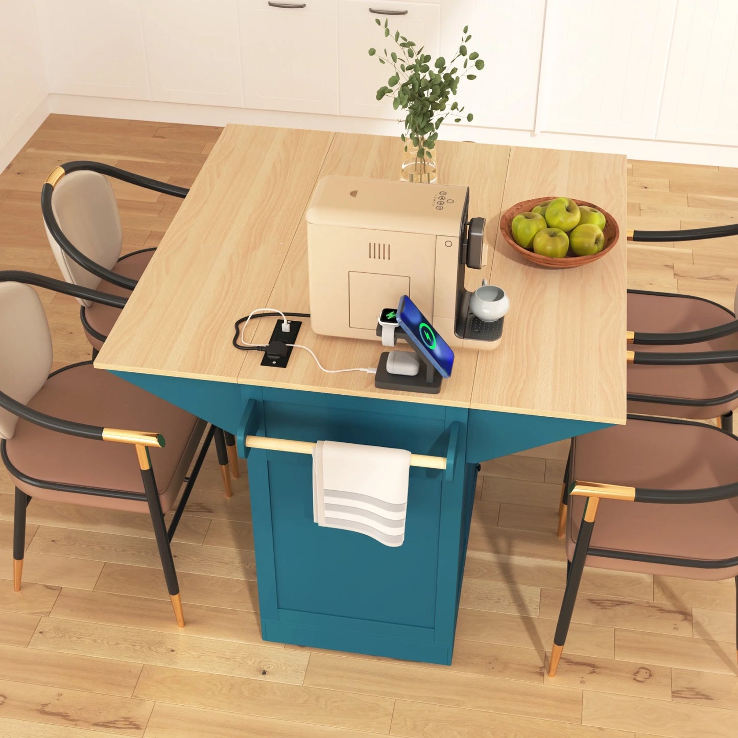 55.7'' Large Kitchen Island with 2 Drop Leaf,, Rolling Kitchen Cart on Wheels with Power Outlet, Spice & Towel Rack and 3 Drawers, Folding Storage Dining Table for Kitchen, Dining Room, Green