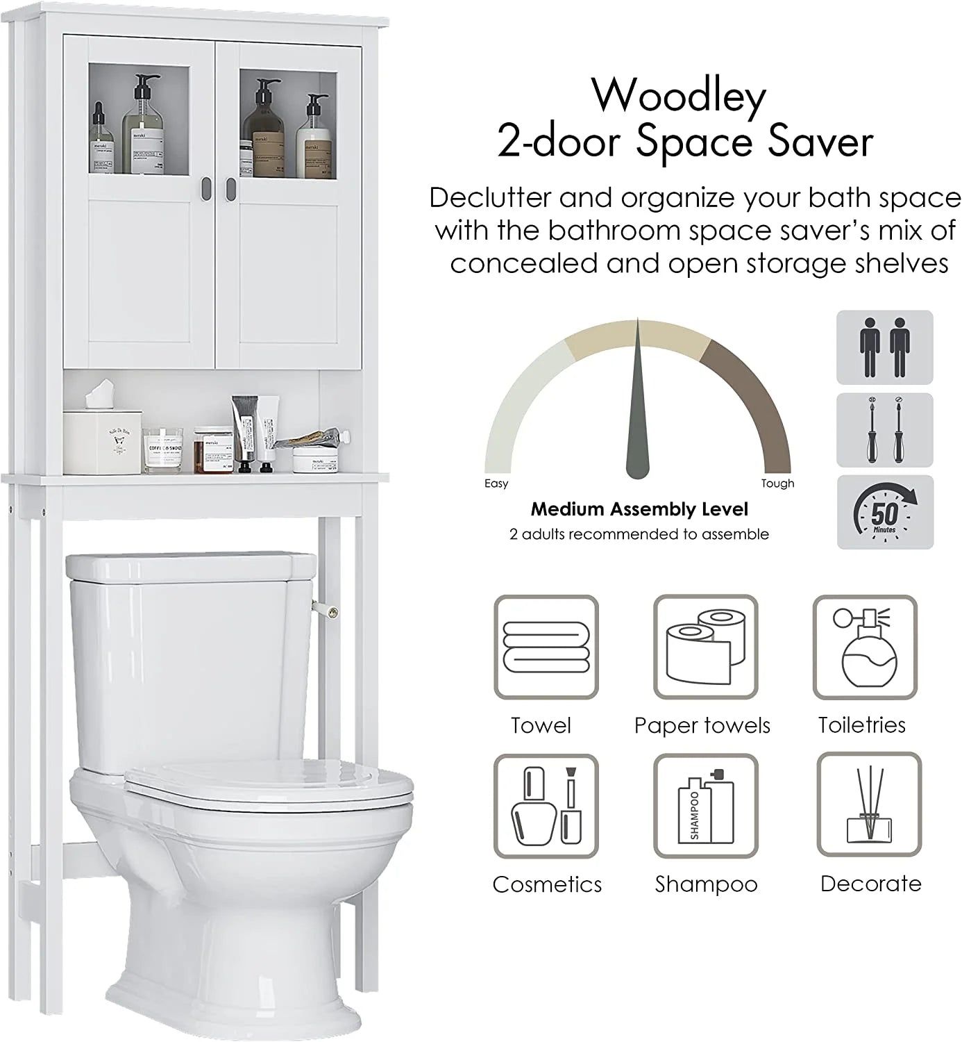 Spirich Bathroom Cabinet Over Toilet, Bathroom Storage Cabinet with Glass Doors and Adjustable Shelves, Over The Toilet Storage Cabinet, White
