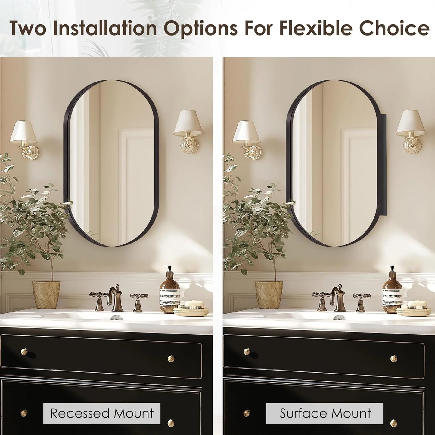 SogesHome Medicine Cabinet with Mirror, 21x34 Oval Mirror Cabinet, Wall Mount Recess Bathroom Vanity Mirror with Storage with 2 Adjustable Shelves, Perfect for Bathroom, Black