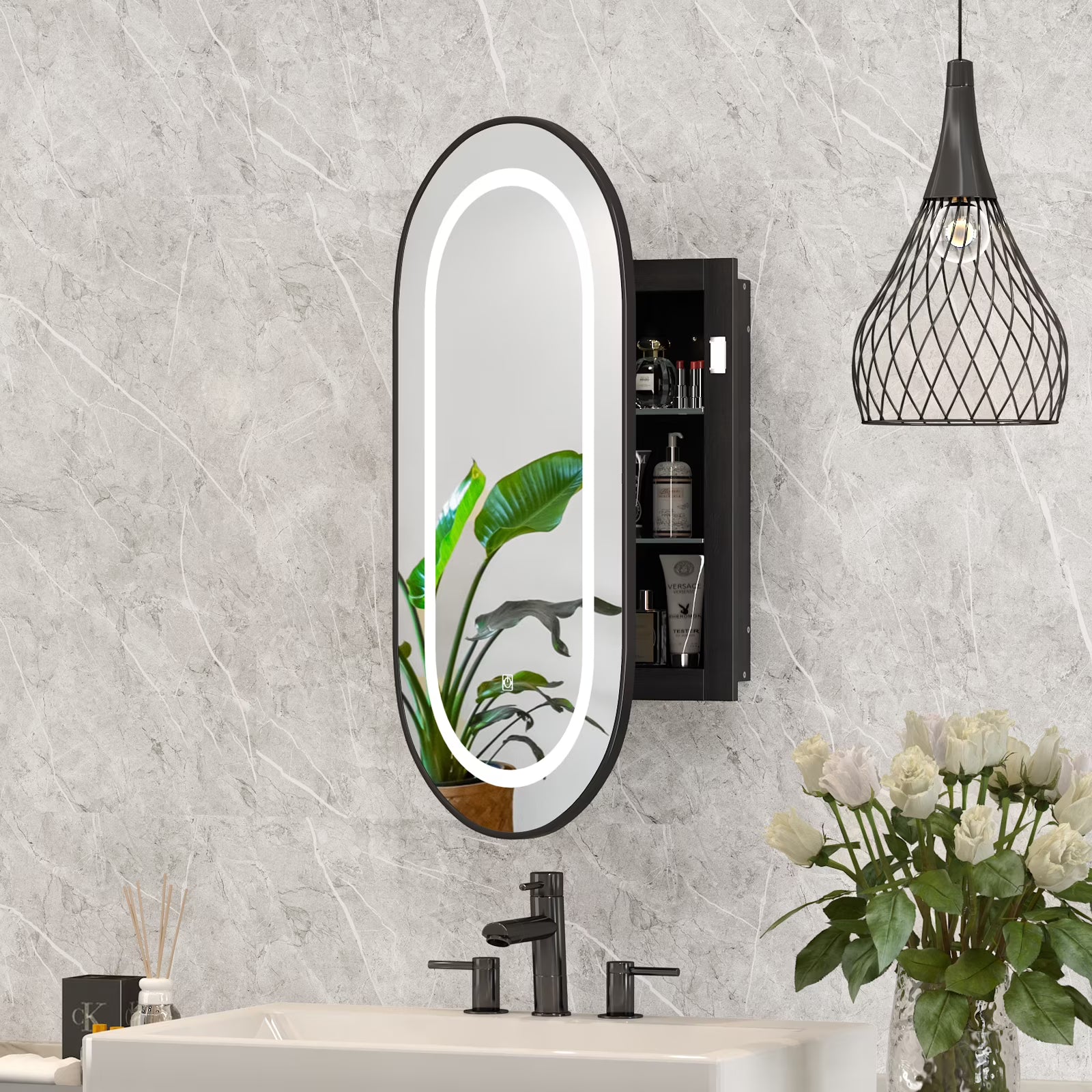 Hironpal Recessed or Wall Mounted 3 Color LED Oval Medicine Cabinet with 17x32 Inch Mirror for Bathroom,Black
