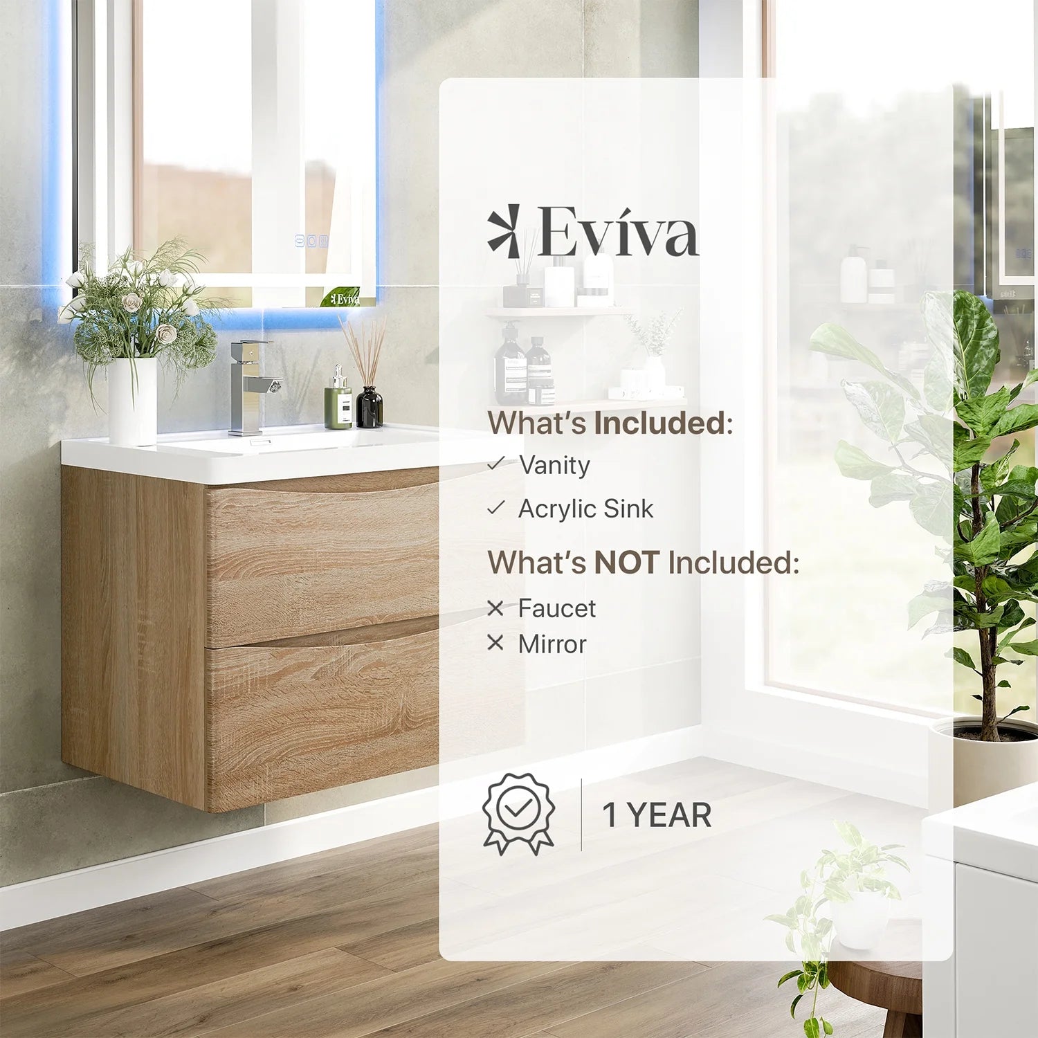 Eviva Smile 30" White Oak Wall Mount Modern Bathroom Vanity w/White Integrated Top