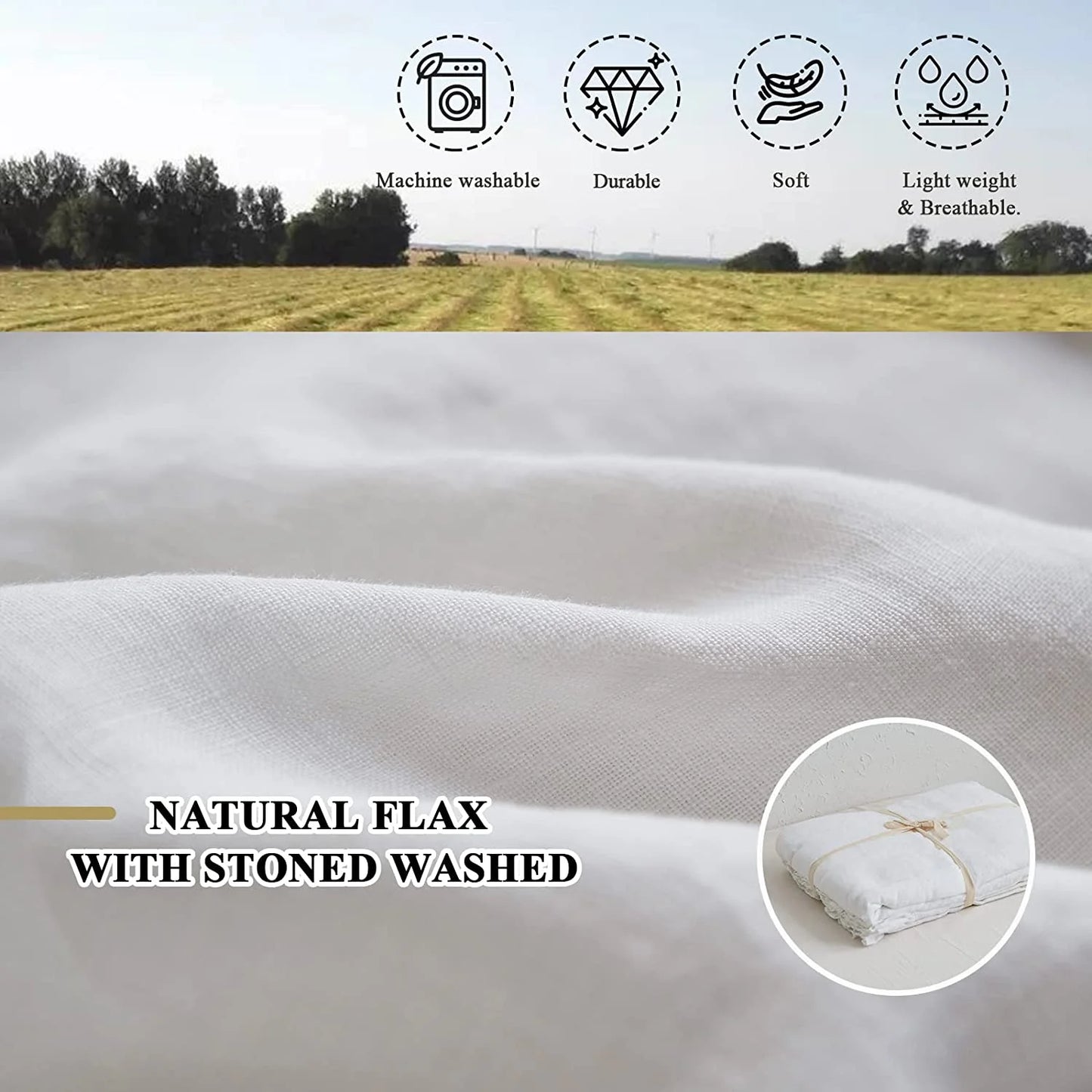 Simple& Opulence 100% Washed Linen Duvet Cover Set-3 Pieces Shabby Chic Premium Ruffled Bedding with 1 Comforter Cover and 2 Pillowshams France Flax High End Frill Sets Vintage Style(King, White)