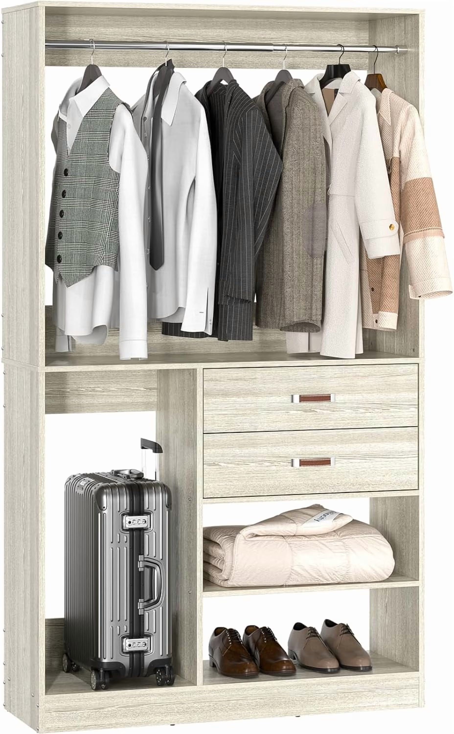 Homieasy Freestanding Closet System with Suitcase Storage, 40 Inches Stand-alone Wardrobe with 2 Wood Drawers, 80'' Height Adjustable Cloth Garment Rack, Walk-in Closet with Hanging Rod, White