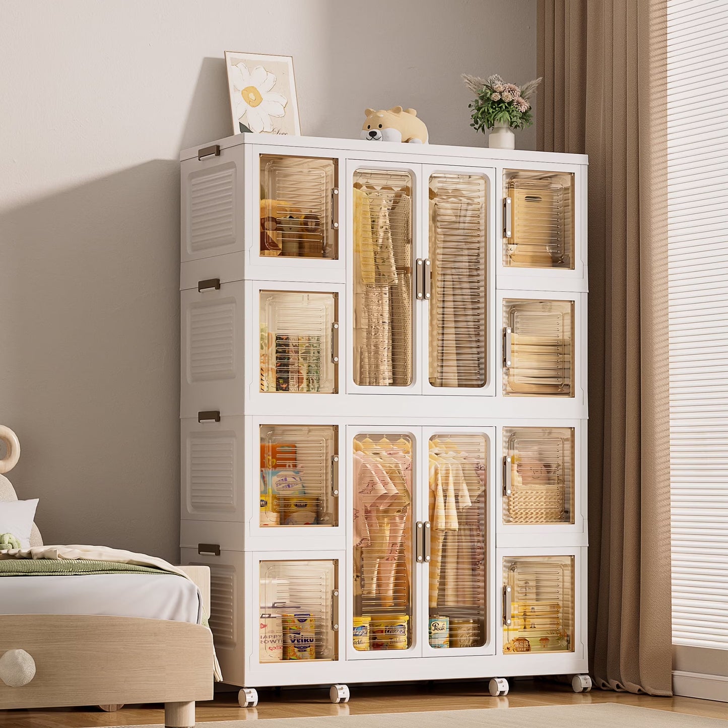 Montary Kids Portable Wardrobe w/Magnetic Doors & Hanging Rod - 4-Cube Plastic Storage Cabinet,Nursery/Bedroom