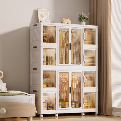 Montary Kids Portable Wardrobe w/Magnetic Doors & Hanging Rod - 4-Cube Plastic Storage Cabinet,Nursery/Bedroom
