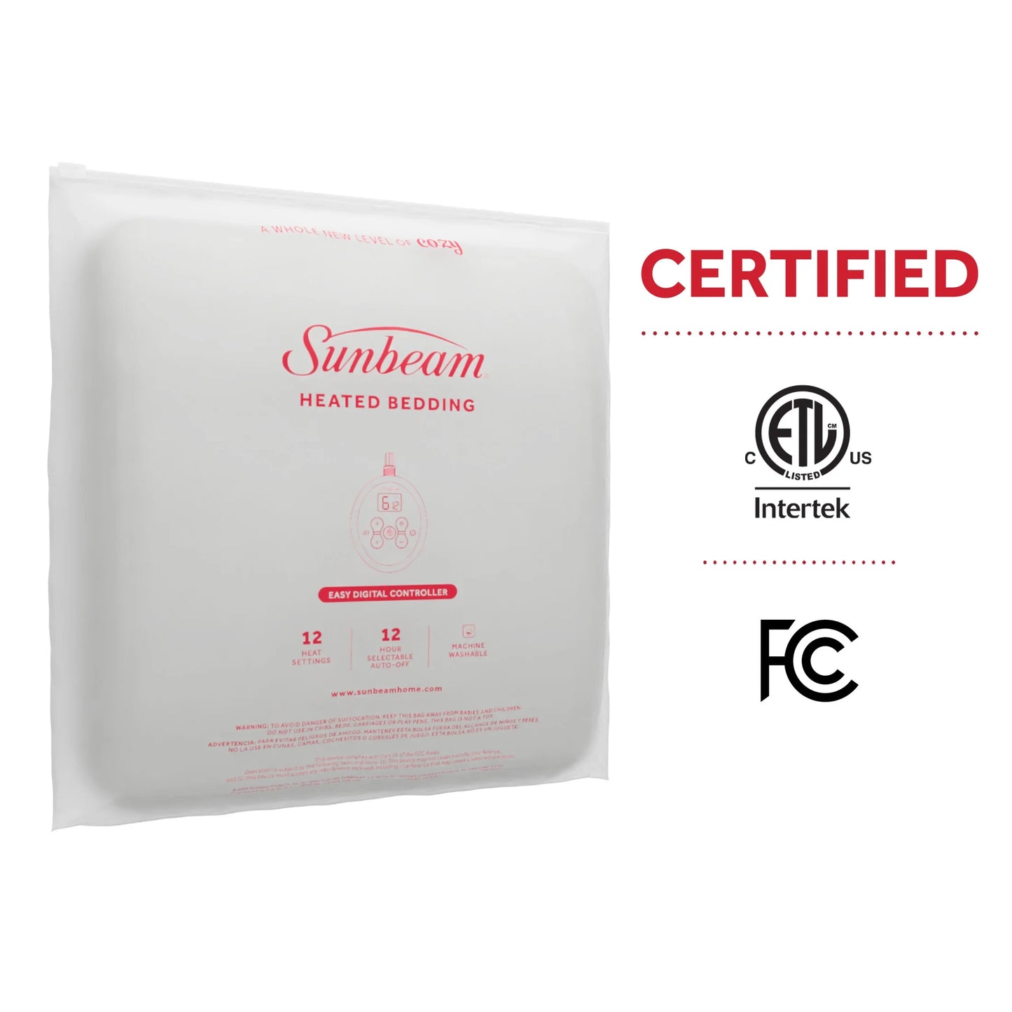 Sunbeam Restful Quilted Electric Heated King Size Mattress Pad, 76" x 80", 12 Heat Settings, 12-Hour Selectable Auto-Off, Machine Washable