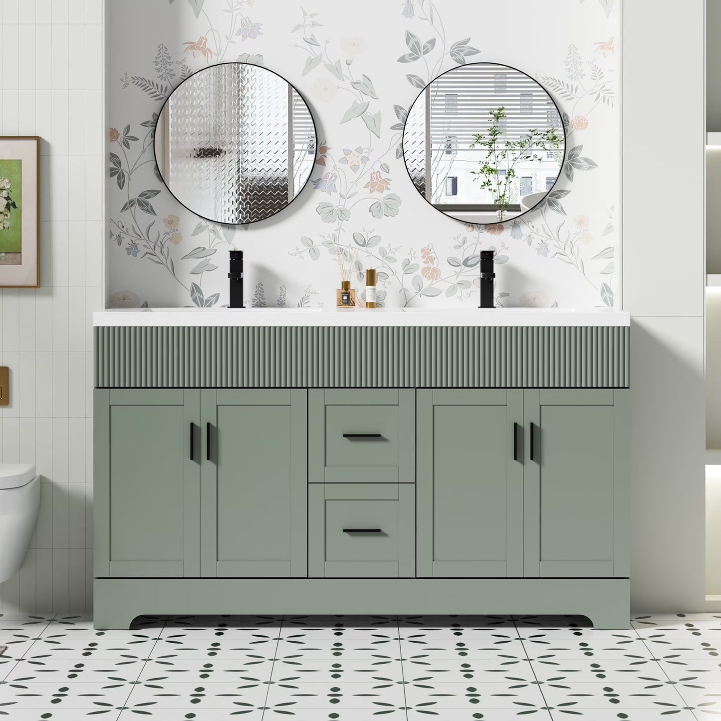 Eclife 60" Double Sink Bathroom Vanity with Resin Sink Top and Zinc Alloy Faucet
