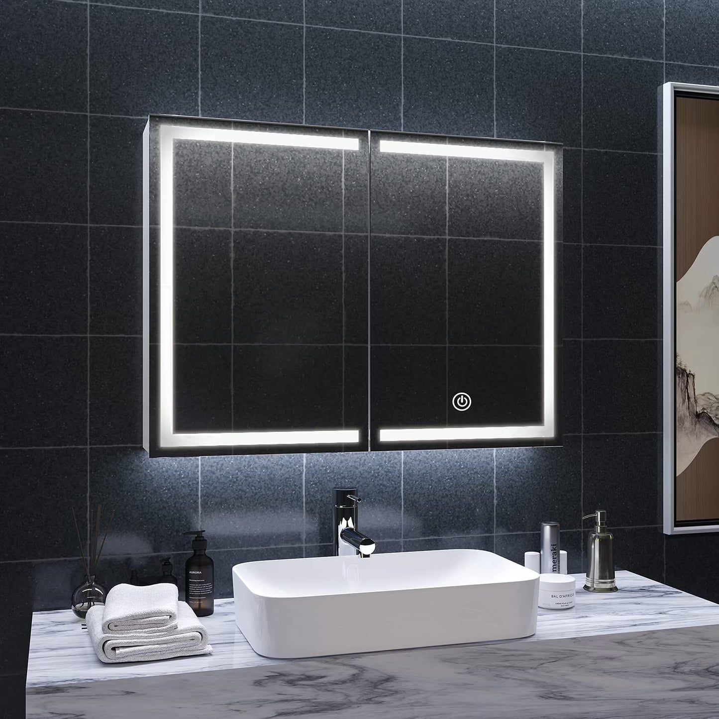 Lighted Medicine Cabinet with Mirror& LED Light for Bathroom,Wall Mounted Bathroom Mirror Cabinet with Storage and 2 Outlet and 3 Doors for Home, White, 39.4" x 23.6"