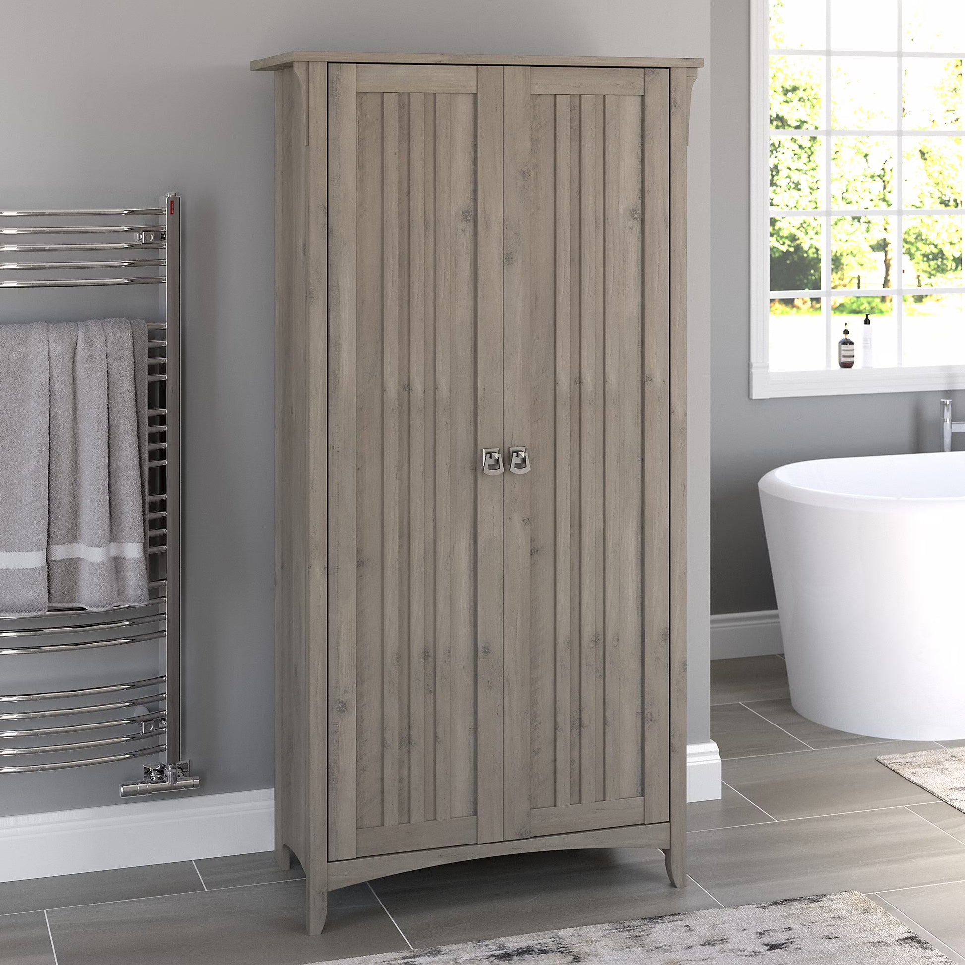 Salinas Bathroom Storage Cabinet with Doors in White/Shiplap - Engineered Wood
