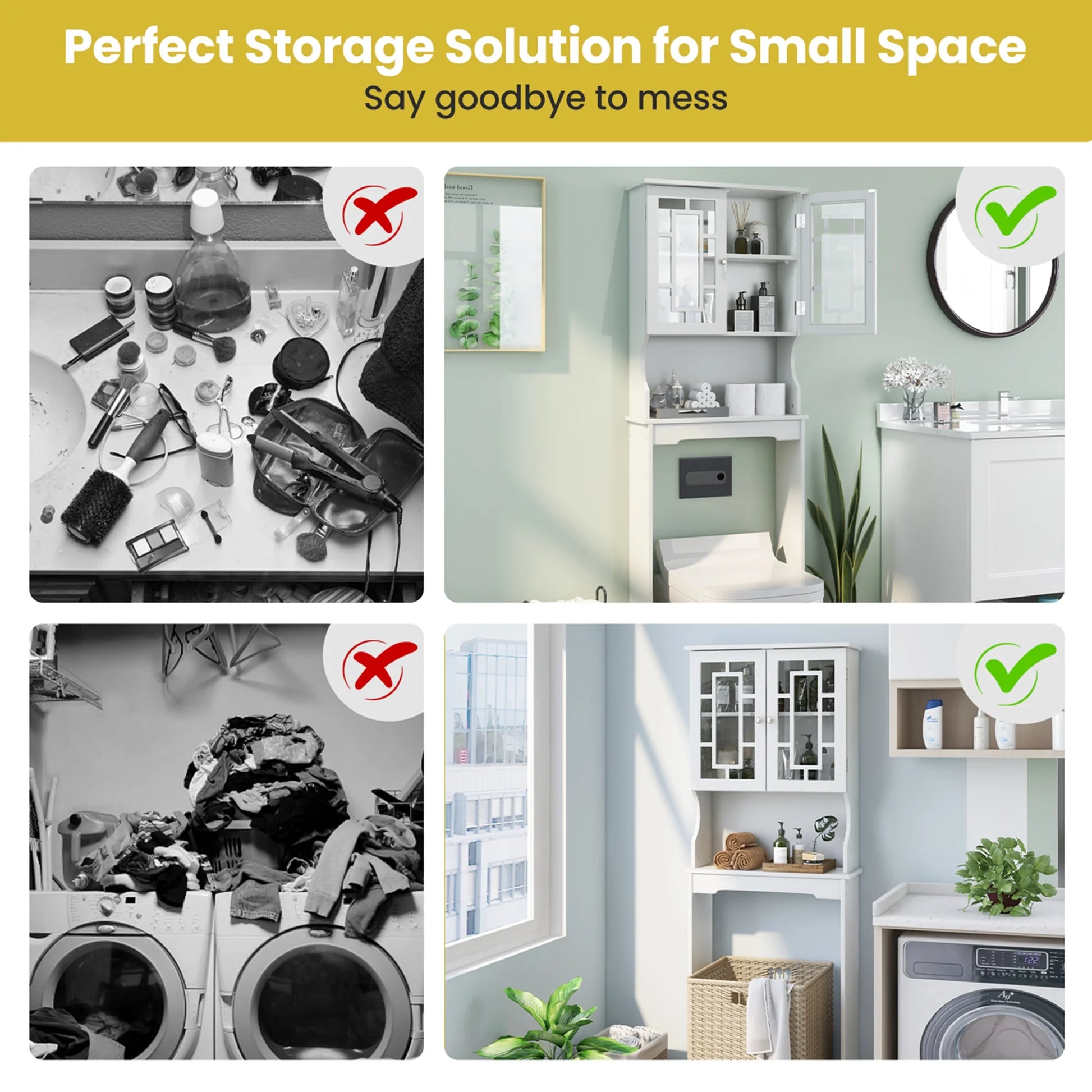 Costway Over the Toilet Storage Bathroom Spacesaver Cabinet Tower Organizer Shelf & Doors White