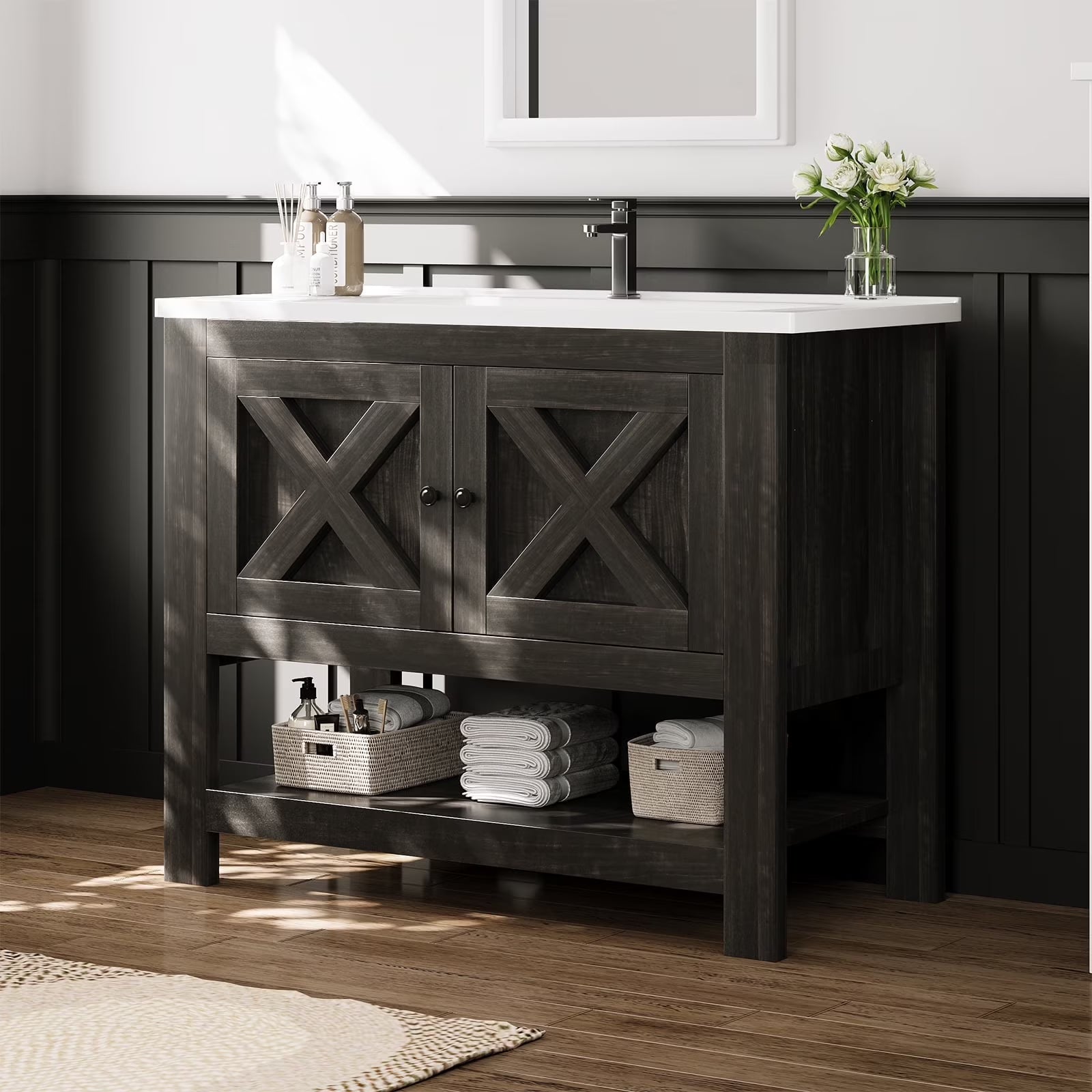 DreamCurship Bathroom Vanity with Sink Combo, 35'' Bathroom Storage Cabinet with Storage, Farmhouse Bathroom Vanity Cabinet with 2 Doors and Open Shelf, White