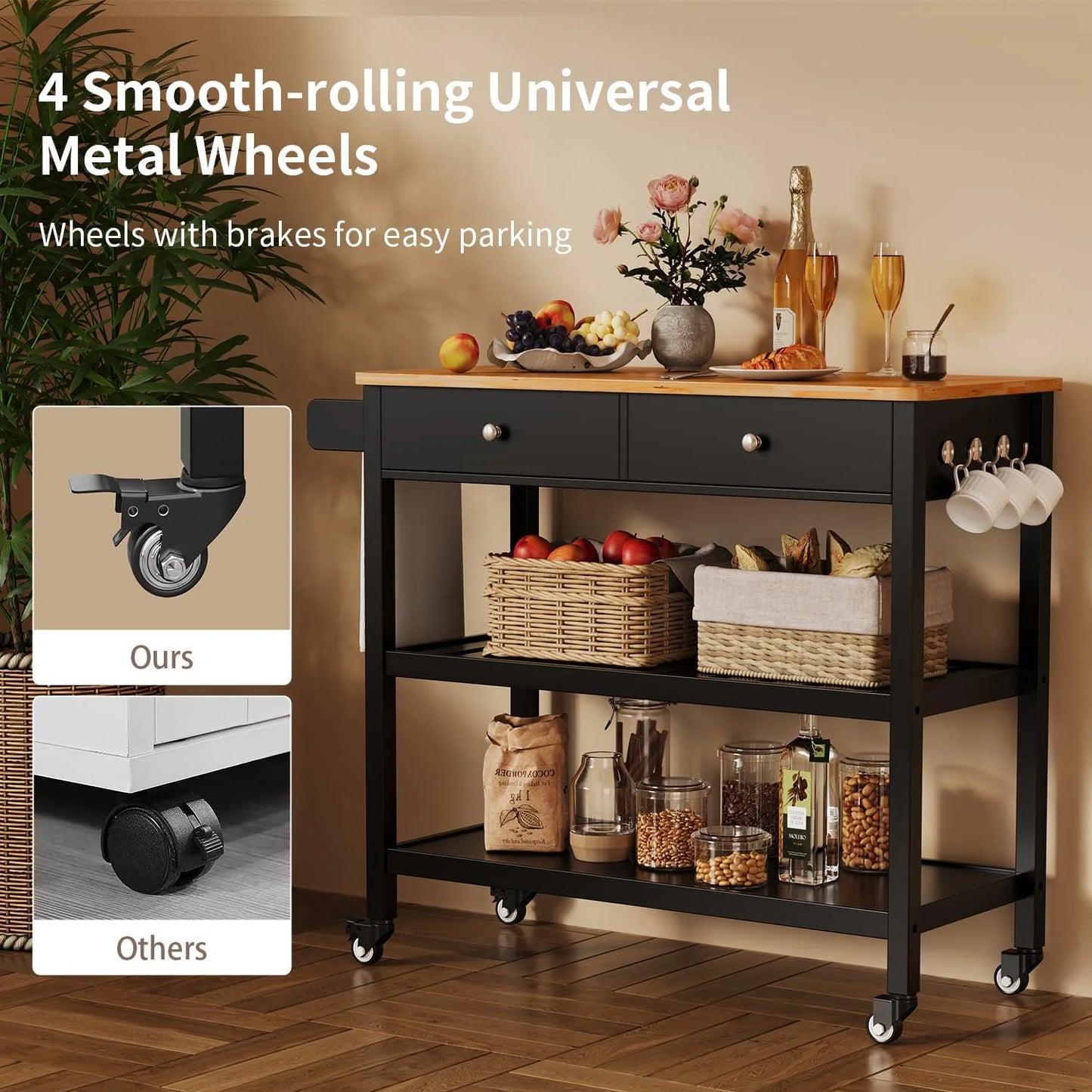 AIZYT Kitchen Island Cart with Storage, 40° Wooden Top, 2 Tiers Spacious Shelves and Towel Bar, 2 Drawer Mobile Trolley Cart On Metal Wheels with Hooks for Dining Room, Bar, Outdoor, Black