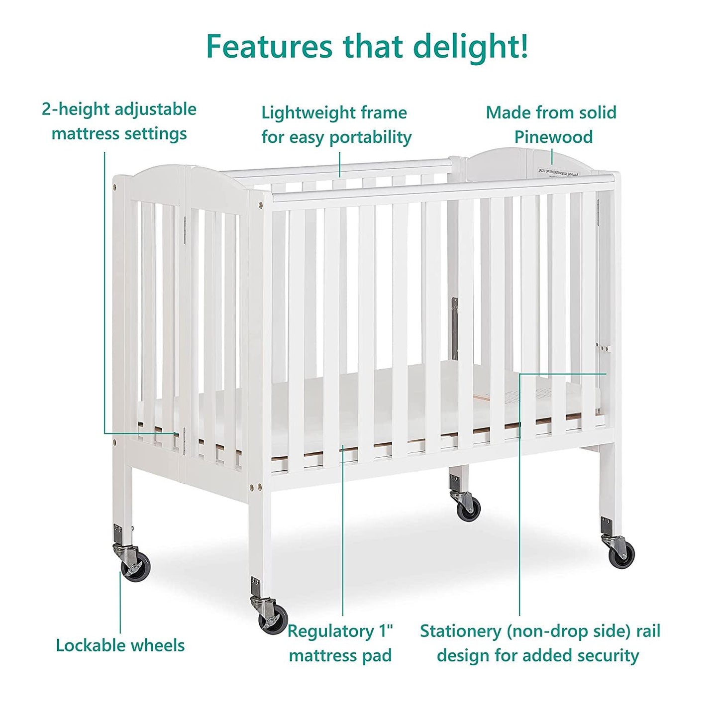 Dream On Me 2-in-1 Folding Portable Mini Crib in White. Mattress Pad Included. Easy to Fold and Store Baby Crib. Two Adjustable Mattress Height positions Convertible Crib