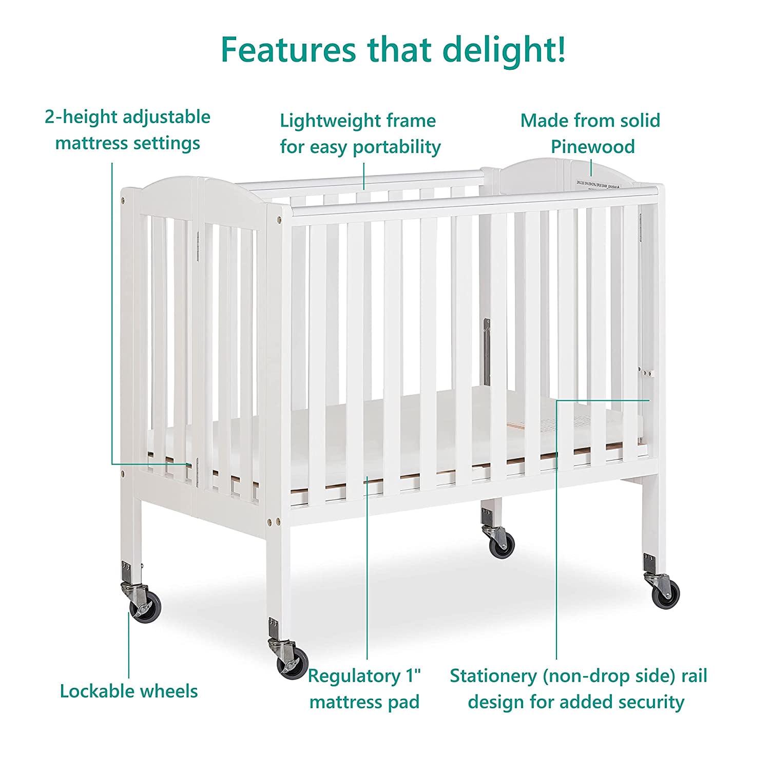 Dream On Me 2-in-1 Folding Portable Mini Crib in White. Mattress Pad Included. Easy to Fold and Store Baby Crib. Two Adjustable Mattress Height positions Convertible Crib