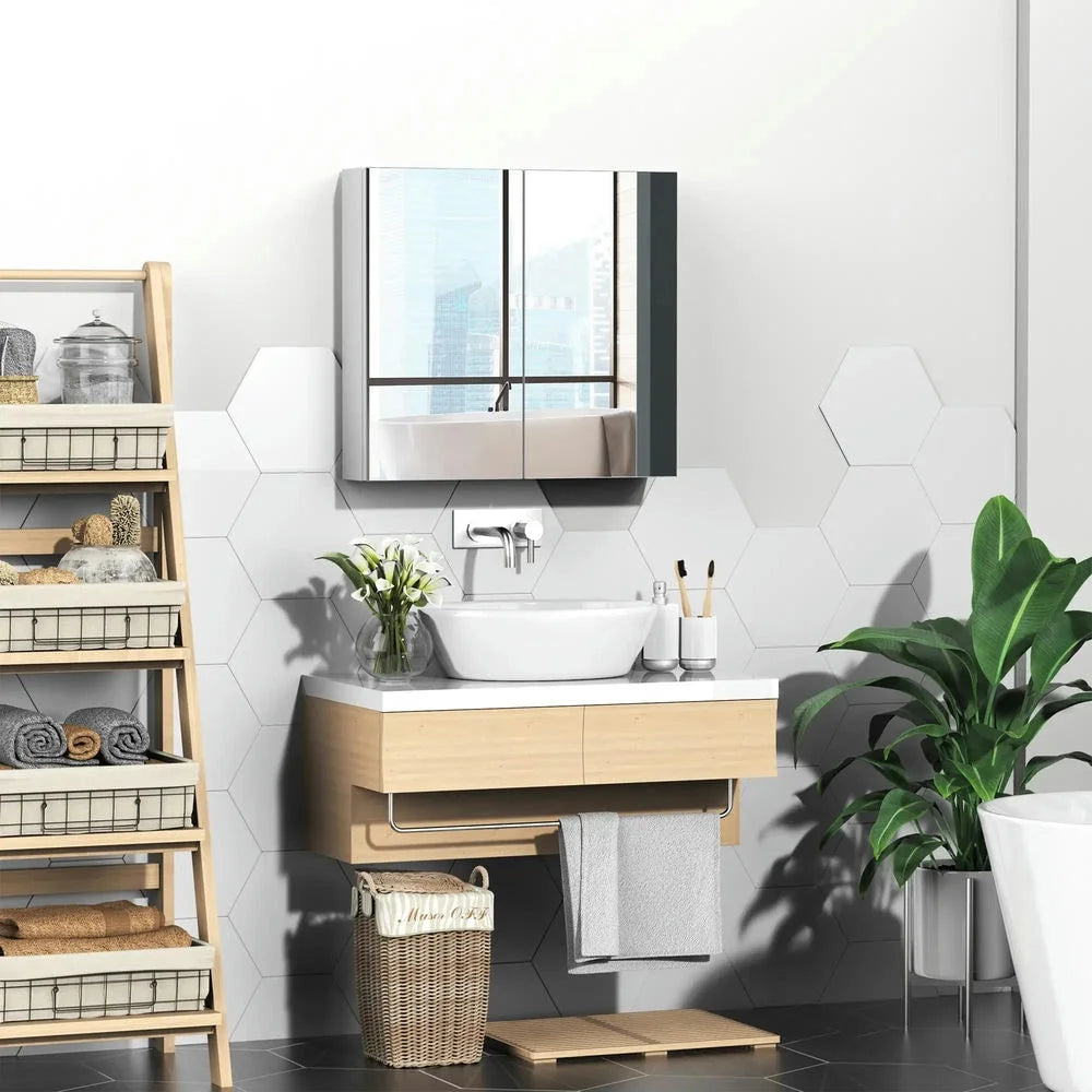 Topcobe Bathroom Mirrored Cabinet, 24"x22" Steel Frame Medicine Cabinet, Wall-Mounted Storage Organizer with Double Doors, Modern Furniture for Bathroom, White