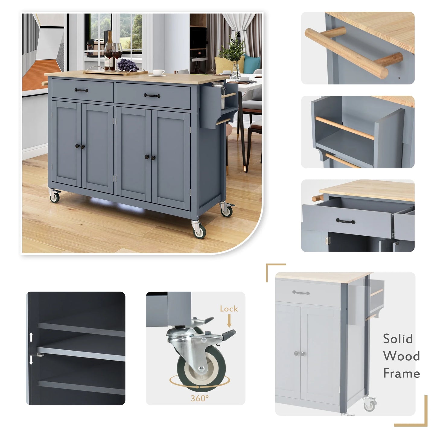 Harper & Bright Designs Rolling Kitchen Island Cart with Solid Wood Top and Locking Wheels, 4 Door, Storage Cabinet and Two DrawersSpice Towel Rack, Blue