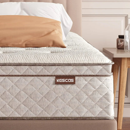 Queen Size Hybrid Mattress, Kescas 10 inch Euro Top Linen Cover Innerspring Mattress in a Box, with CertiPUR-US Certified Memory Foam, Plush Yet Supportive
