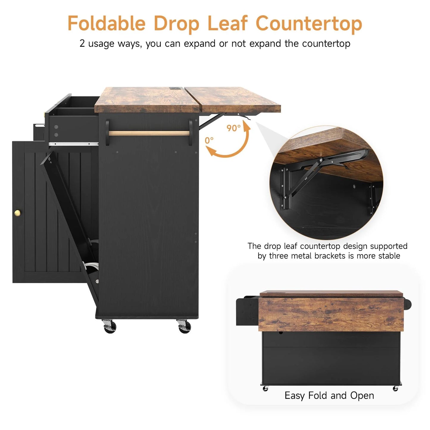 Onbrill Kitchen Island w/Outlet& Towel Rack, 60" Kitchen Storage Cart w/Foldable Countertop, Black