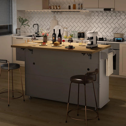 Onbrill Kitchen Island w/Outlet& Towel Rack, 60" Kitchen Storage Cart w/Foldable Countertop, Black