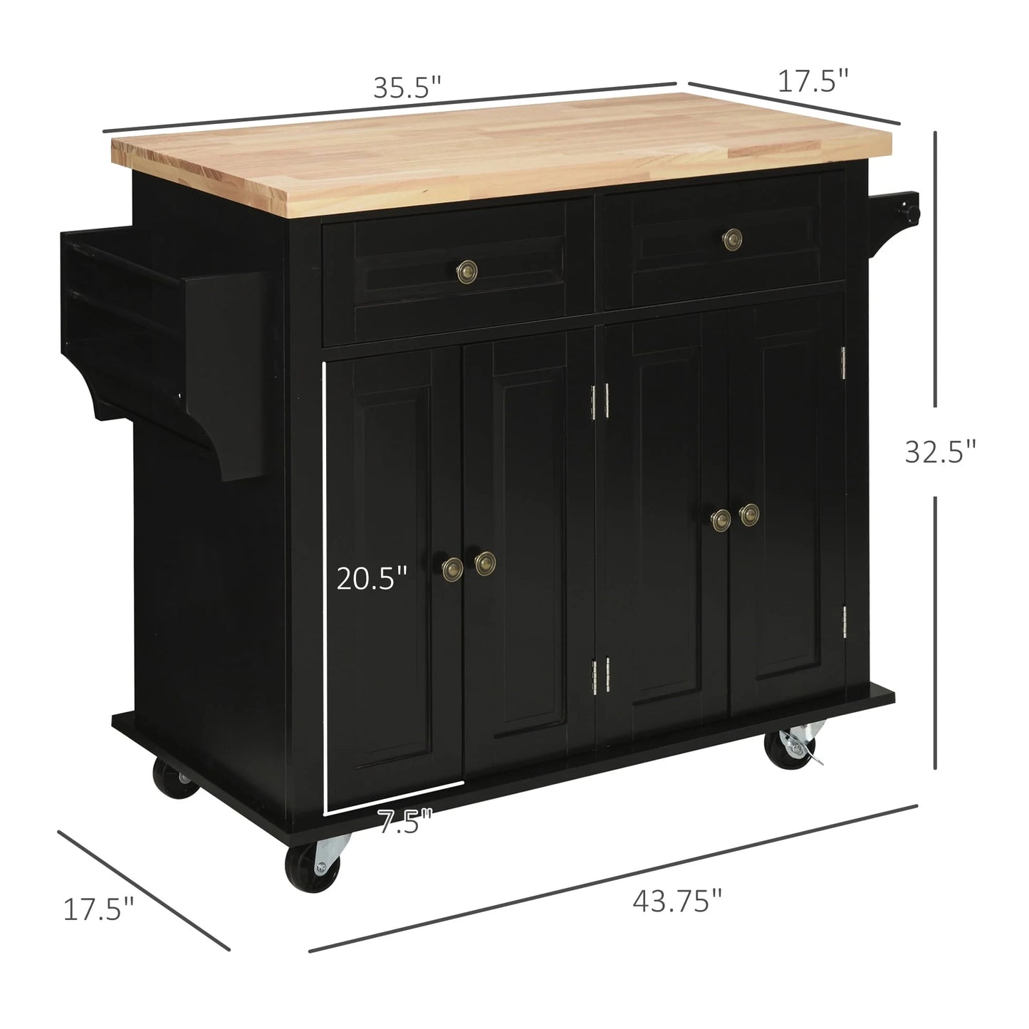 HomCom Rolling Kitchen Island Cart with Rubber Wood Top, Spice Rack, Towel Rack & Drawers