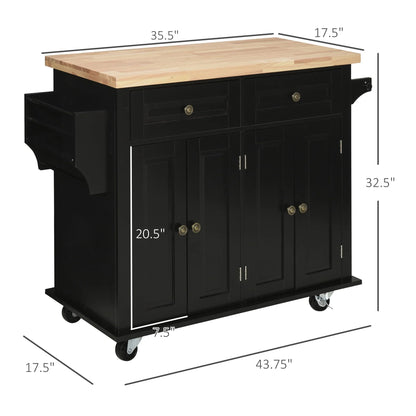 HomCom Rolling Kitchen Island Cart with Rubber Wood Top, Spice Rack, Towel Rack & Drawers