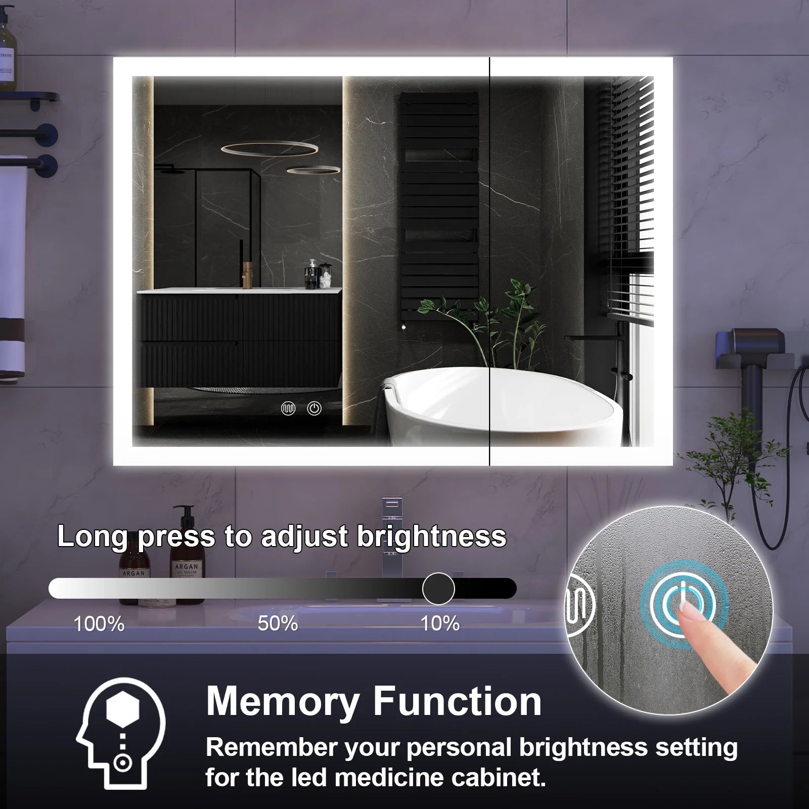 JBLCC LED Lighted Medicine Cabinet with Mirror, Wall Mounted Bathroom Cabinet with Touch Sensor, Anti-Fog, Black