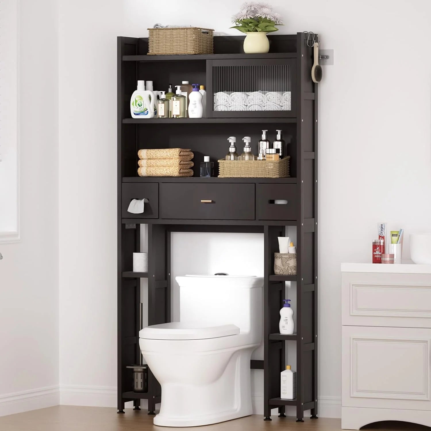 Over The Toilet Storage Cabinet with Acrylic Sliding Door Panel, Bamboo Organizer Shelf with 2 Paper Drawers and 1 Big Drawer,Space Saver Rack for Bathroom (White)