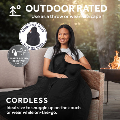 Sunbeam On-the-Go Cordless Heated Throw Blanket with Hood Black Nylon/Microplush 50x66