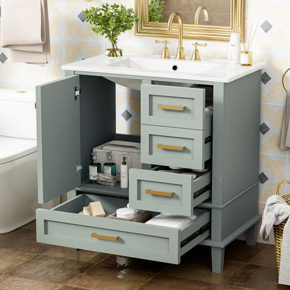 Duxelifin 30" Bathroom Vanity with Sink, Modern bathroom sink cabinet with Soft-Close storage Drawers, Freestanding Vanity with Ceramic Top (Green)
