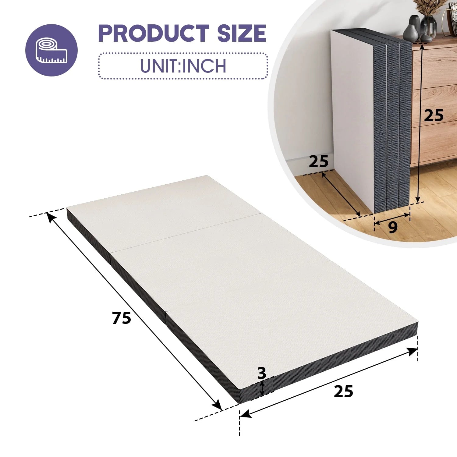 YRLLENSDAN 3 Inch Single Mattress, Floor Mattress Foldable Bed with Washable Cover Non-Slip Bottom for Camping Folding Mattress Trifold Mattress Foldable Mattress Single Size, 75" x 25" x 3"
