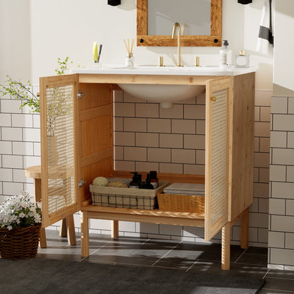 Harper & Bright Designs 30" Rattan Bathroom Vanity Combo with Ceramic Sink, Bathroom Vanity Cabinet with Soft Close Doors, Wood