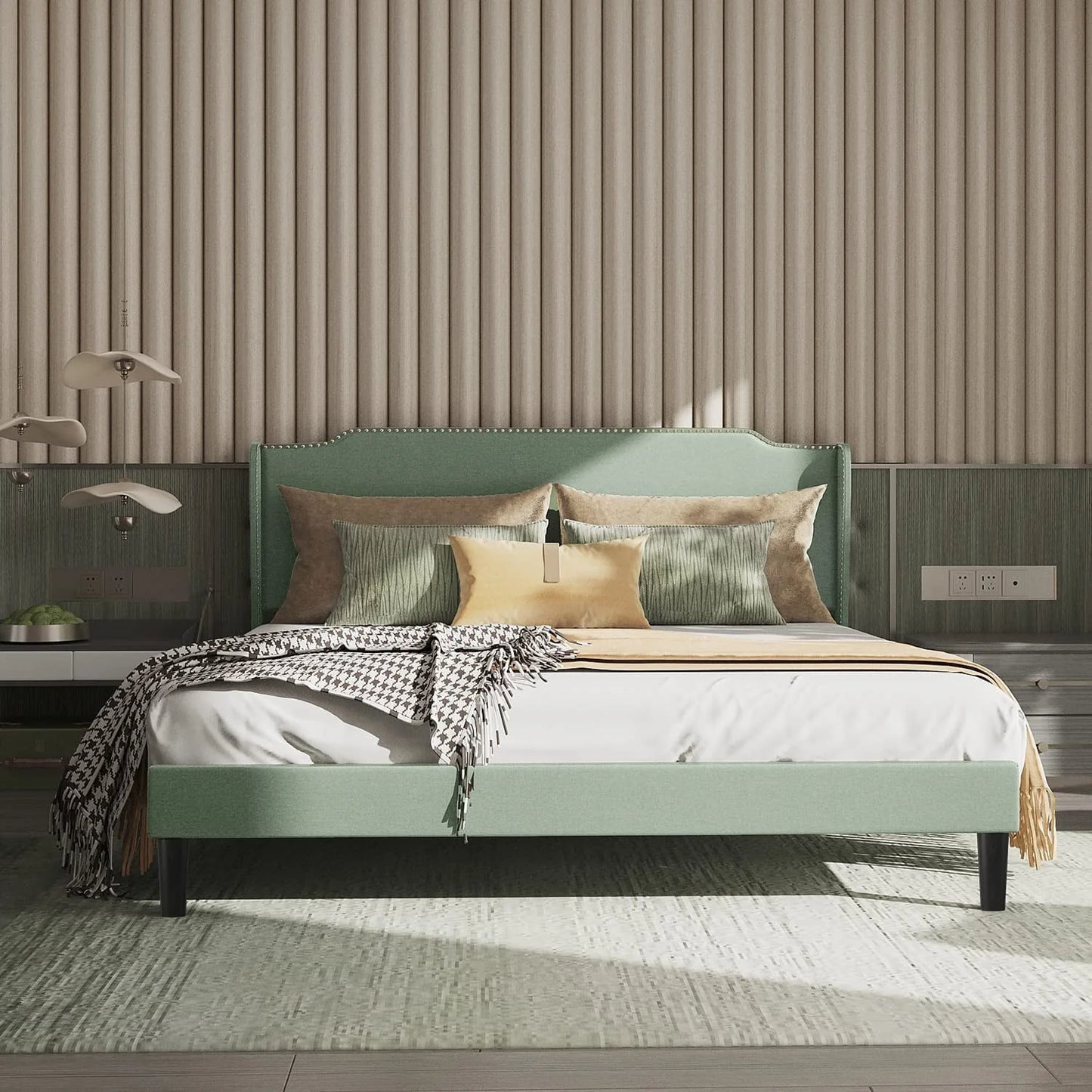 Bonsoir Queen Size Traditional Upholstered Low Profile Platform Bed Frame with Wing Back and Nail Trim Headboard/No Box Spring Needed/No Bed Skirt Needed/Soft Linen Fabric Upholstery/Light Green