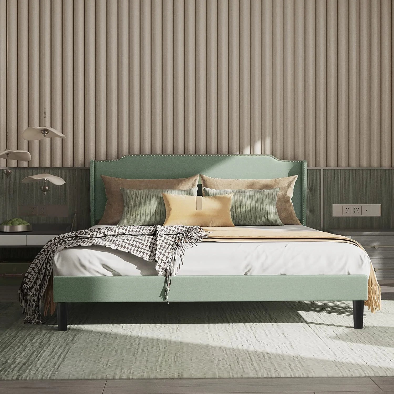 Bonsoir Queen Size Traditional Upholstered Low Profile Platform Bed Frame with Wing Back and Nail Trim Headboard/No Box Spring Needed/No Bed Skirt Needed/Soft Linen Fabric Upholstery/Light Green