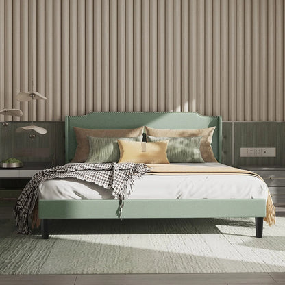 Bonsoir Queen Size Traditional Upholstered Low Profile Platform Bed Frame with Wing Back and Nail Trim Headboard/No Box Spring Needed/No Bed Skirt Needed/Soft Linen Fabric Upholstery/Light Green